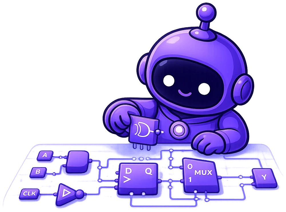 The Codiode mascot tracing a signal through a circuit of gates, a flip-flop and a multiplexer