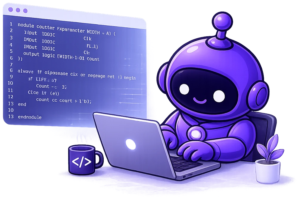 The Codiode mascot writing a SystemVerilog counter module at a laptop